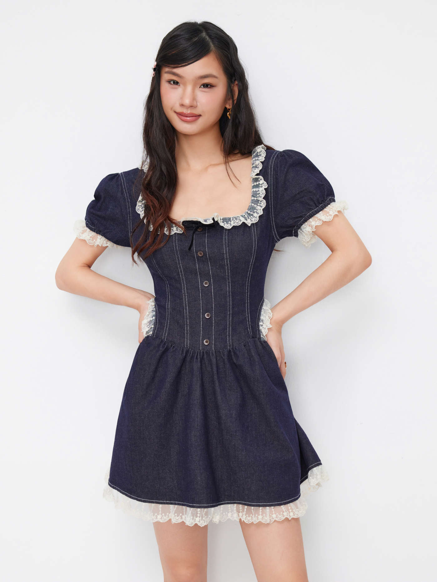 Stretch Denim Lace Trim Puff Sleeve A-line Mini Dress