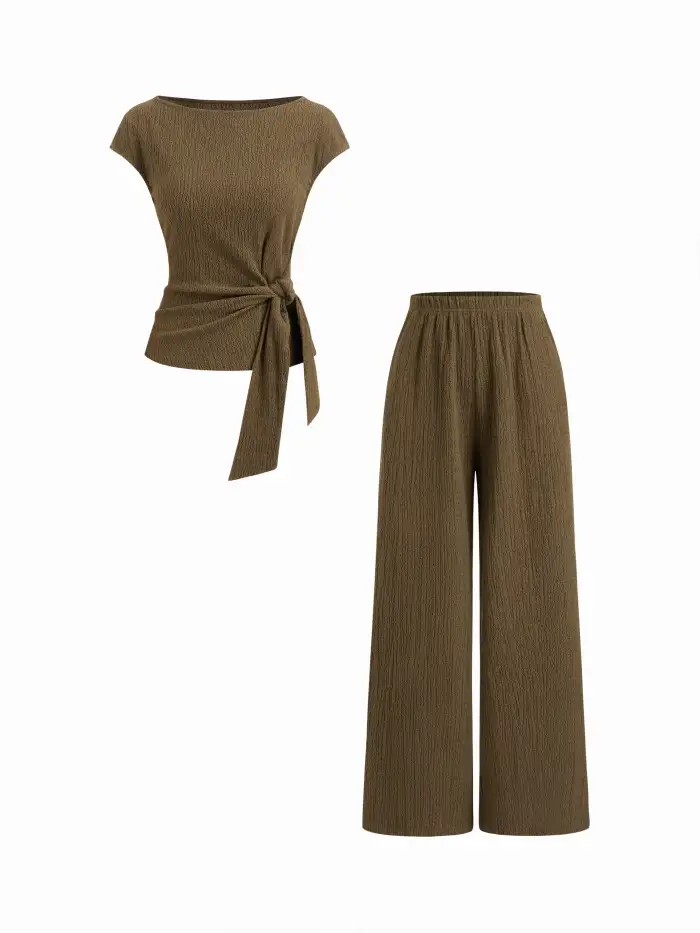 Texture Asymmetrical Neck Ruched Top & Mid Rise Elastic Waist Straight Leg Trousers Set