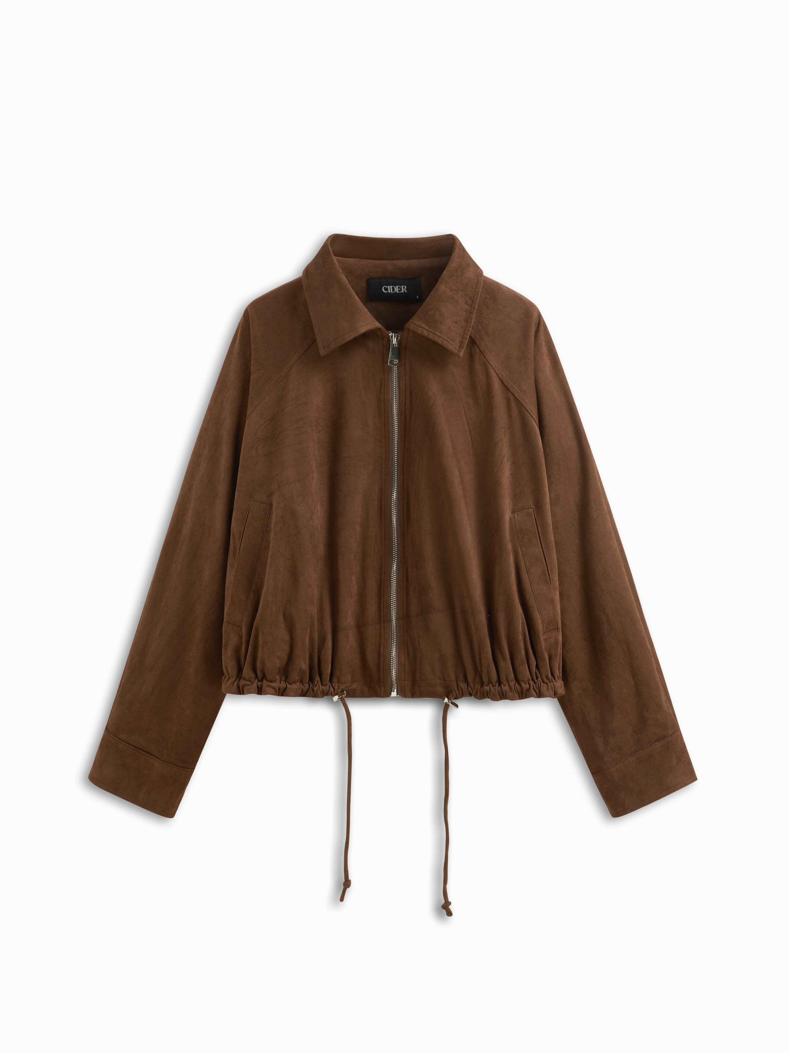 Suede Suede Collar Zip Through Drawstring Oversized Jacket For