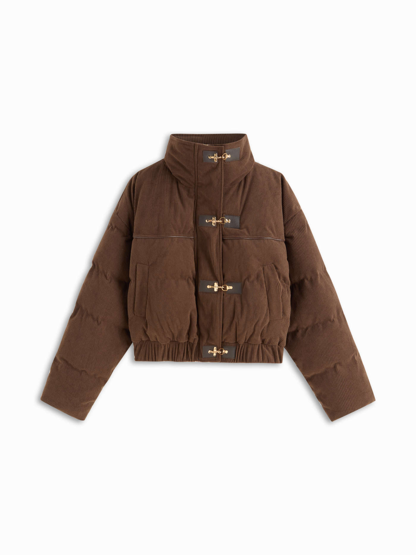 Corduroy Stand Collar Metal Buckle Zip Through Oversized Puffer Jacket