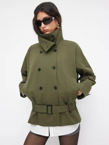 Trench oversize doppiopetto in cotone multi-way con collo a listino e cintura