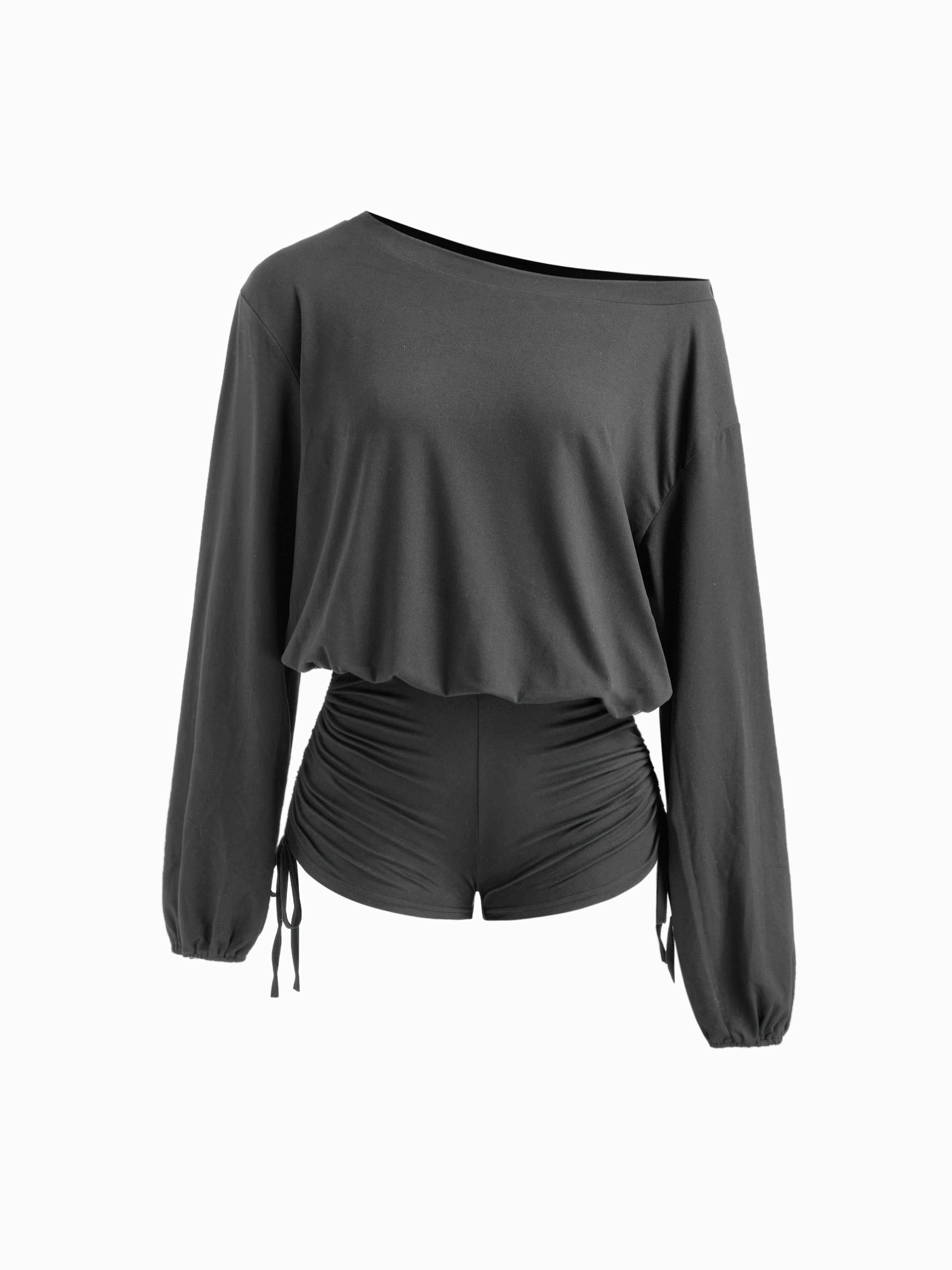 Knit Fabric Asymmetrical Neck Drawstring Romper For Daily Casual