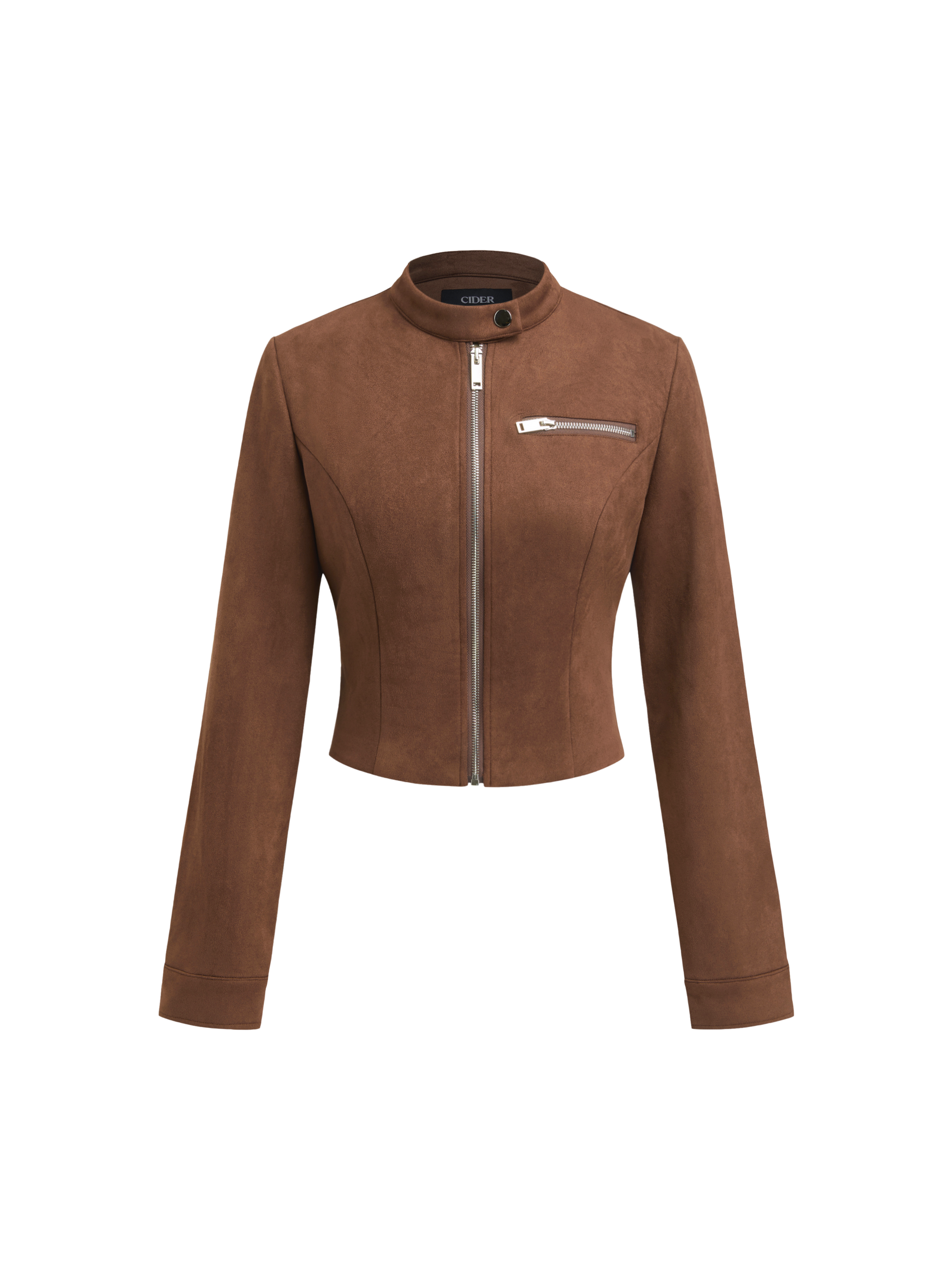 Suede Suede Stand Collar Zip Through Jacket For Daily Casual Work