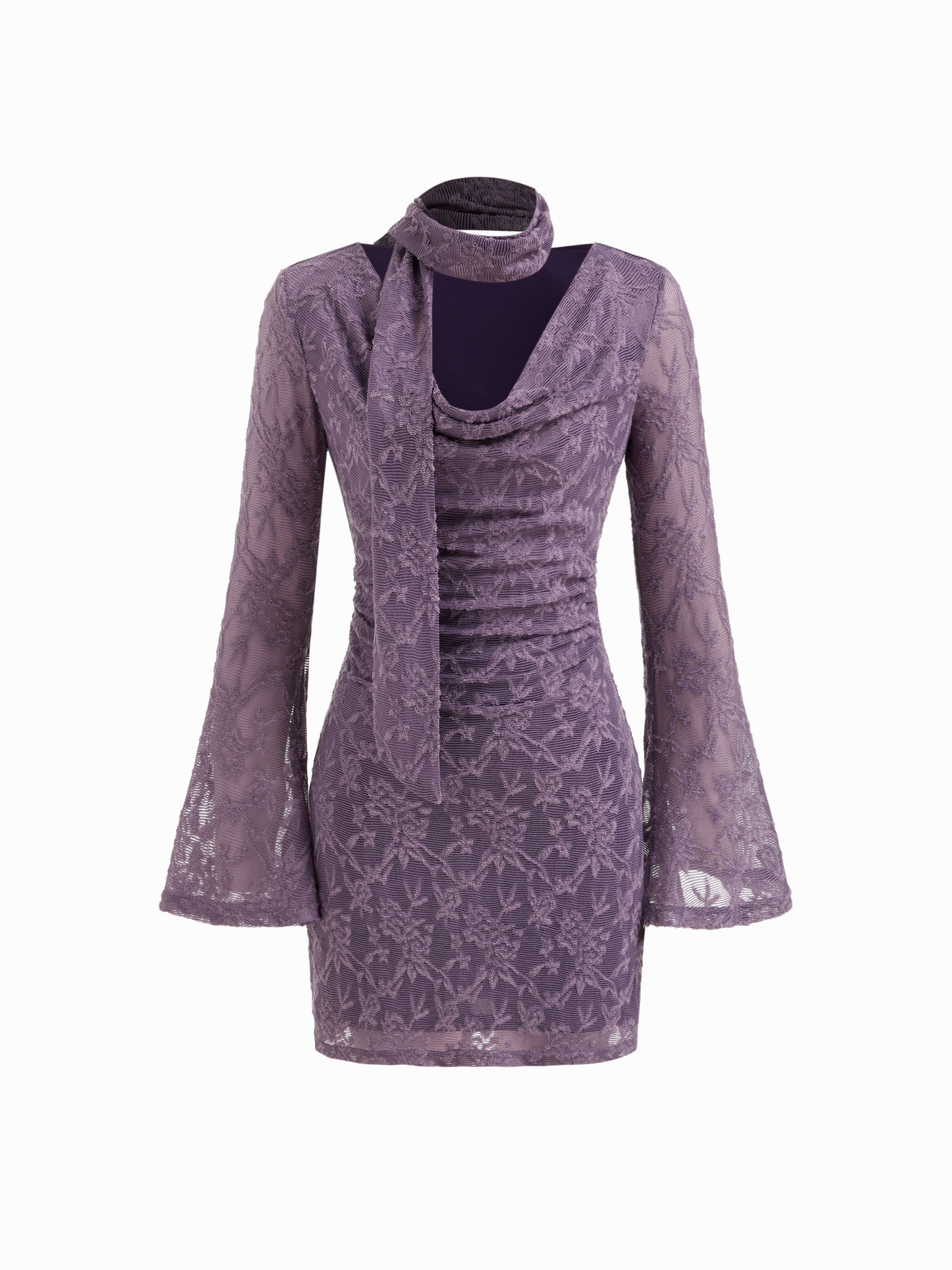 Robe courte en dentelle à col en capuchon et plissée avec foulard