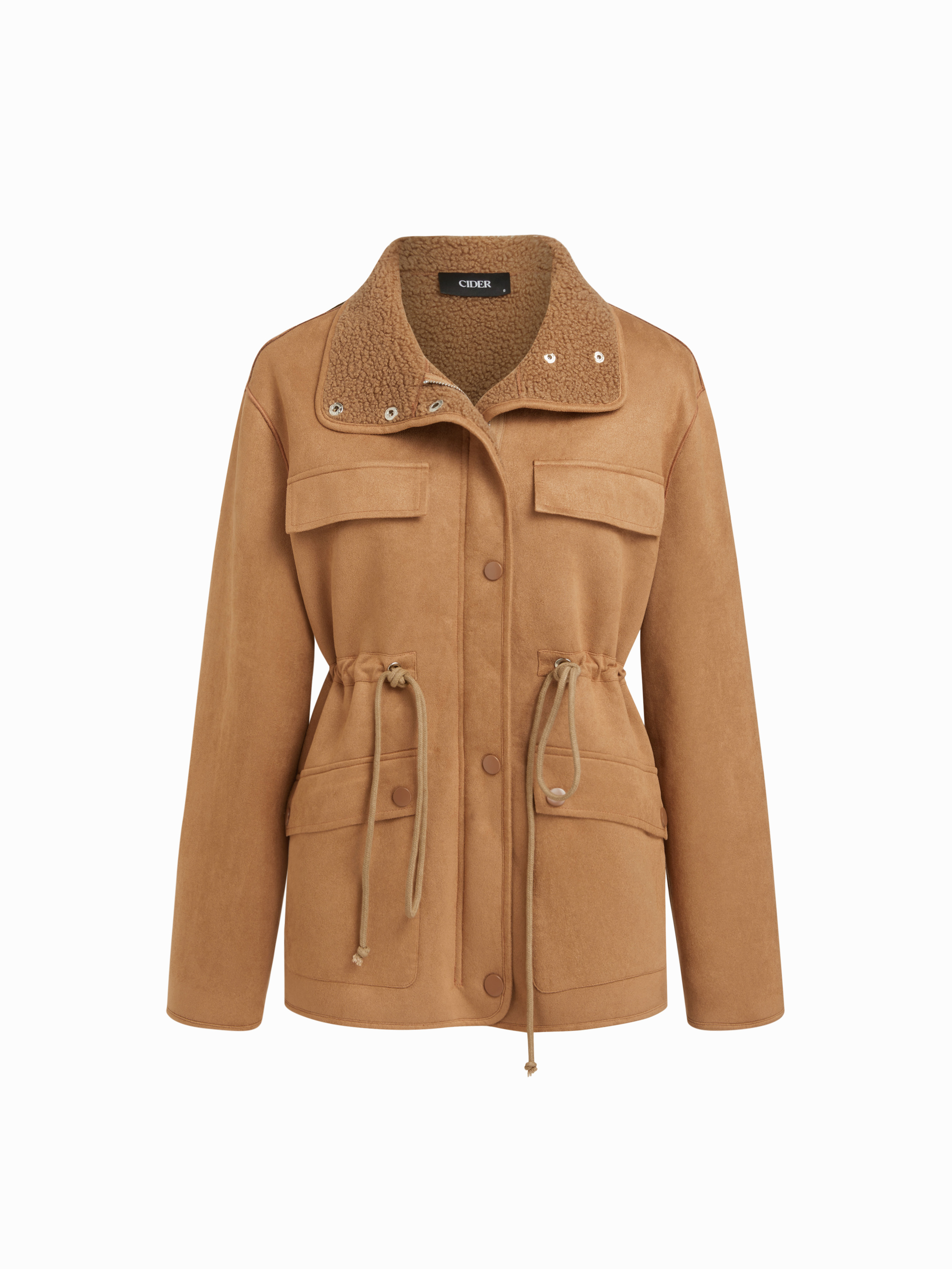 Woven Stand Collar Drawstring Zip Through Oversized Jacket