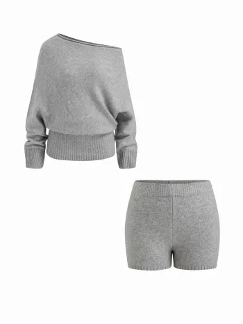 Knit Wool-blend Asymmetrical Neck Long Sleeve Sweater & Low Rise Shorts Set