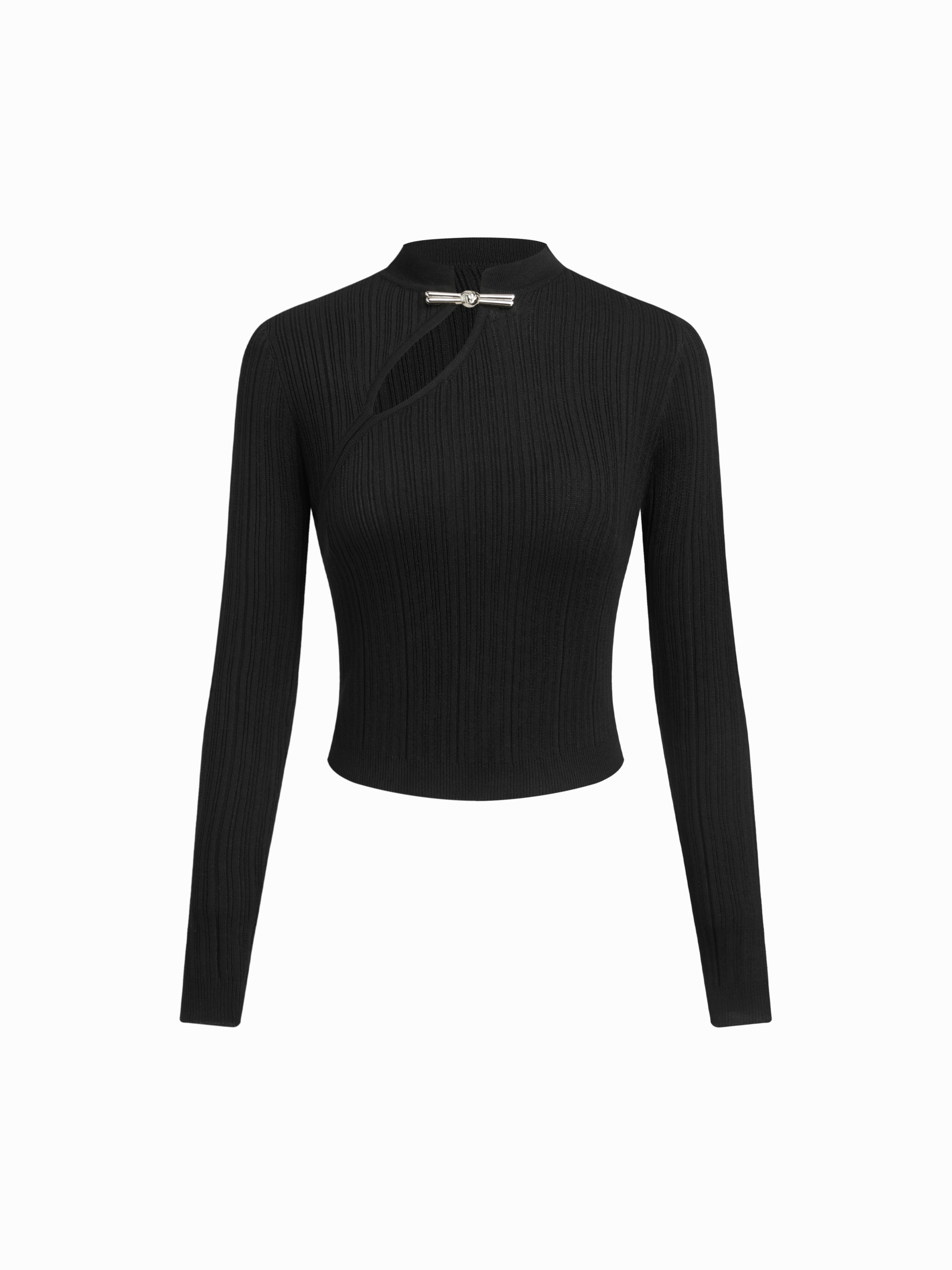 Knit Mandarin Collar Long Sleeve Metal Detail Cut Out Top