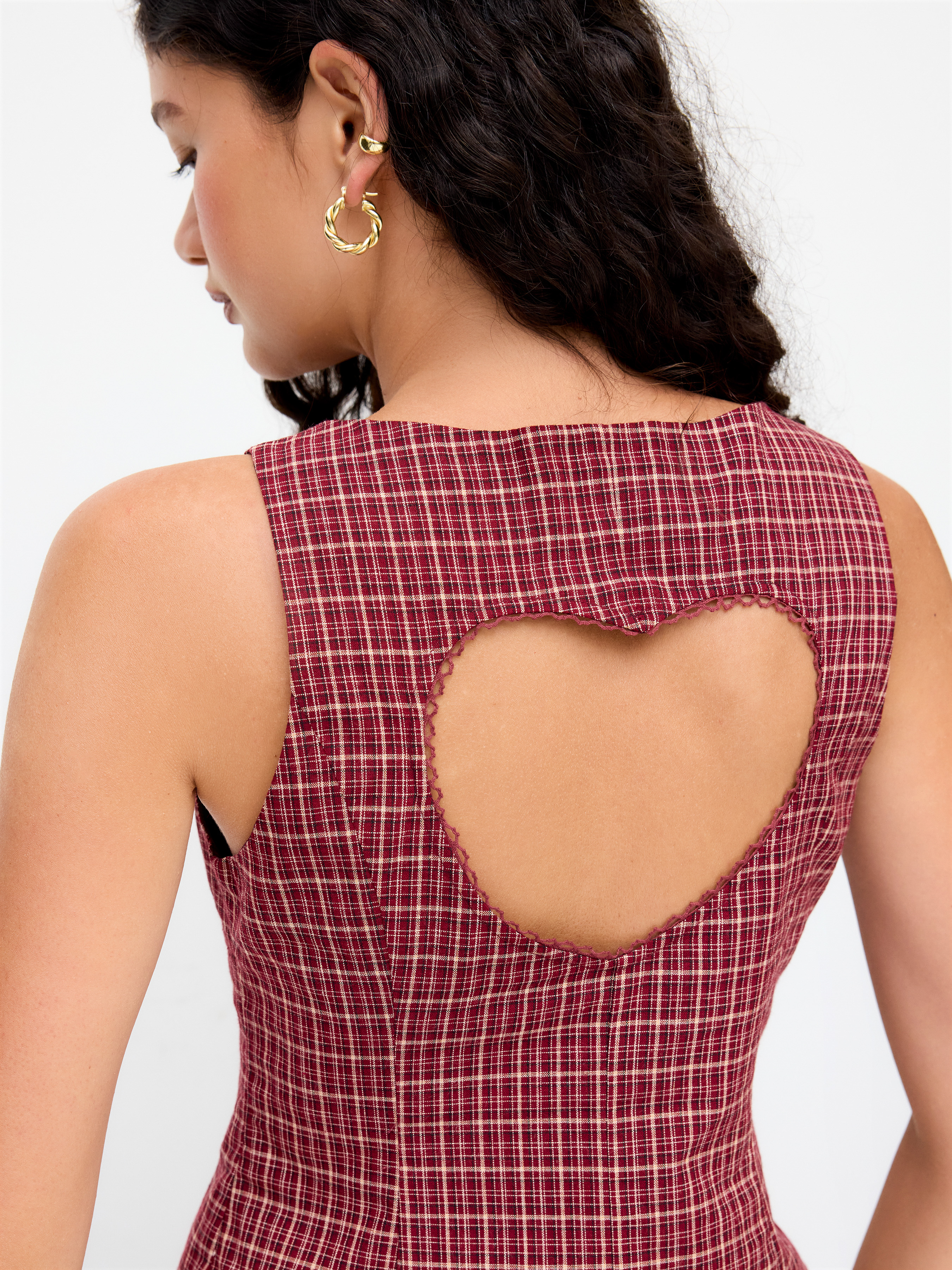 Cotton Boat Neck Plaid Backless Cut Out Tank Top