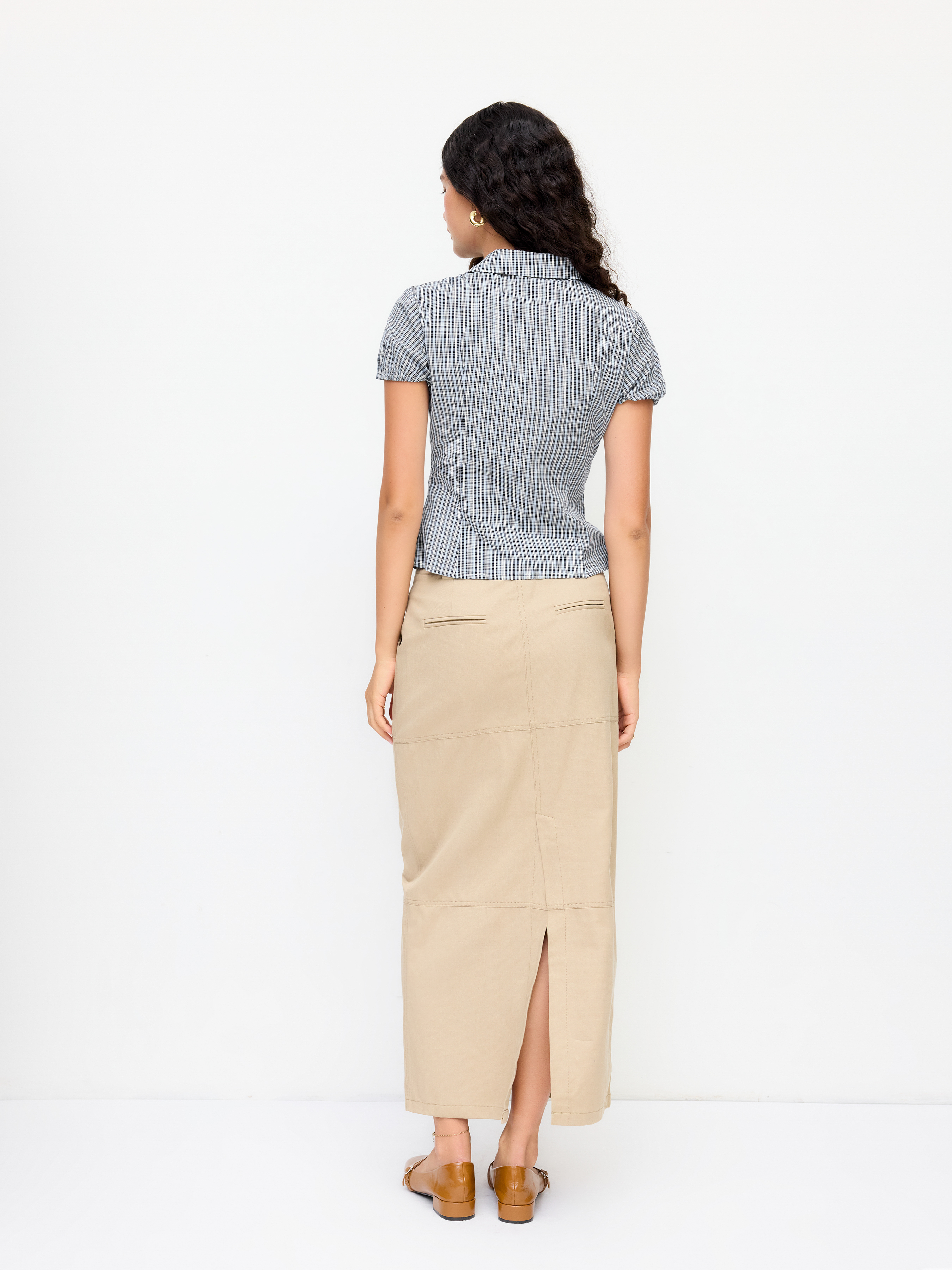 Camisa corta con volantes, botones, cuello y estampado de cuadros al 100% algodón