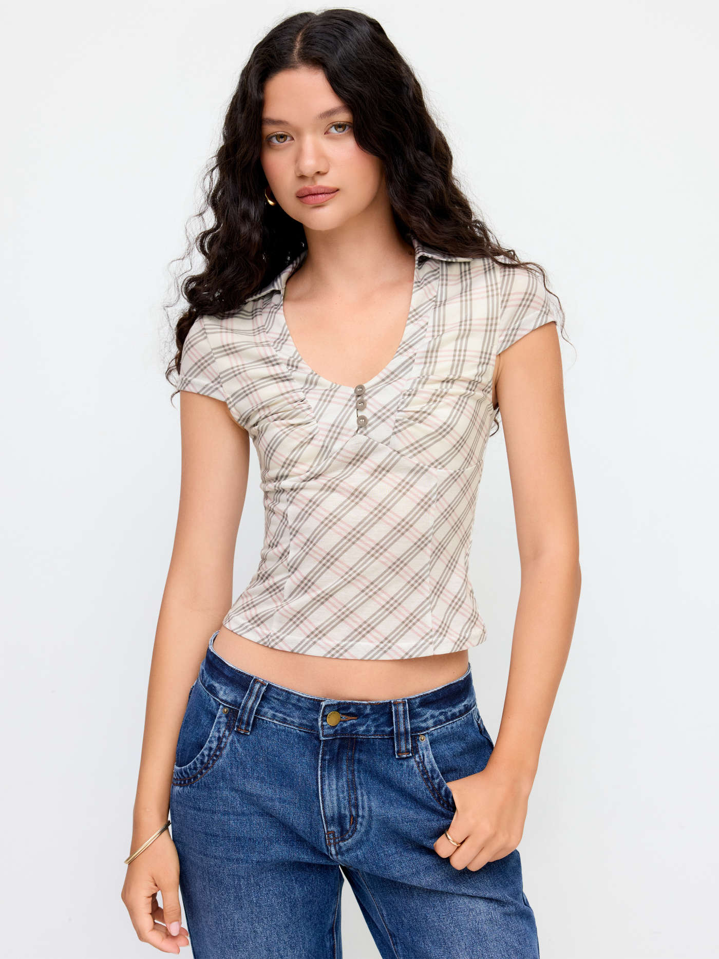 U-neckline Tartan Short Sleeve Top