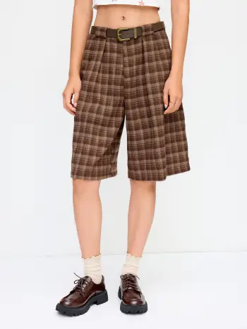 Shorts Bermuda a pieghe a vita media in tartan con cintura