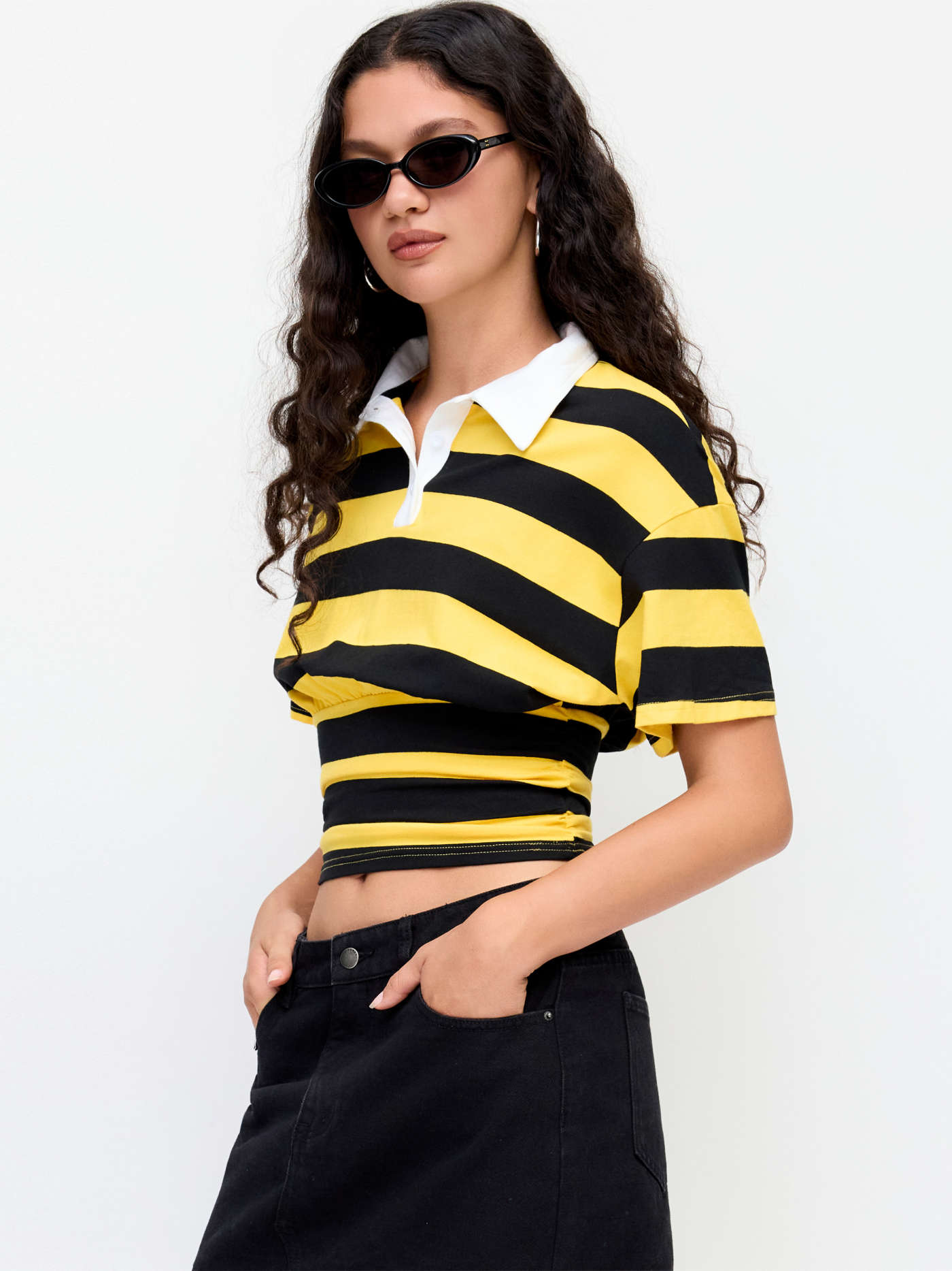 Cotton-blend Stripe Collar Short Sleeve Cinched Waist Tee