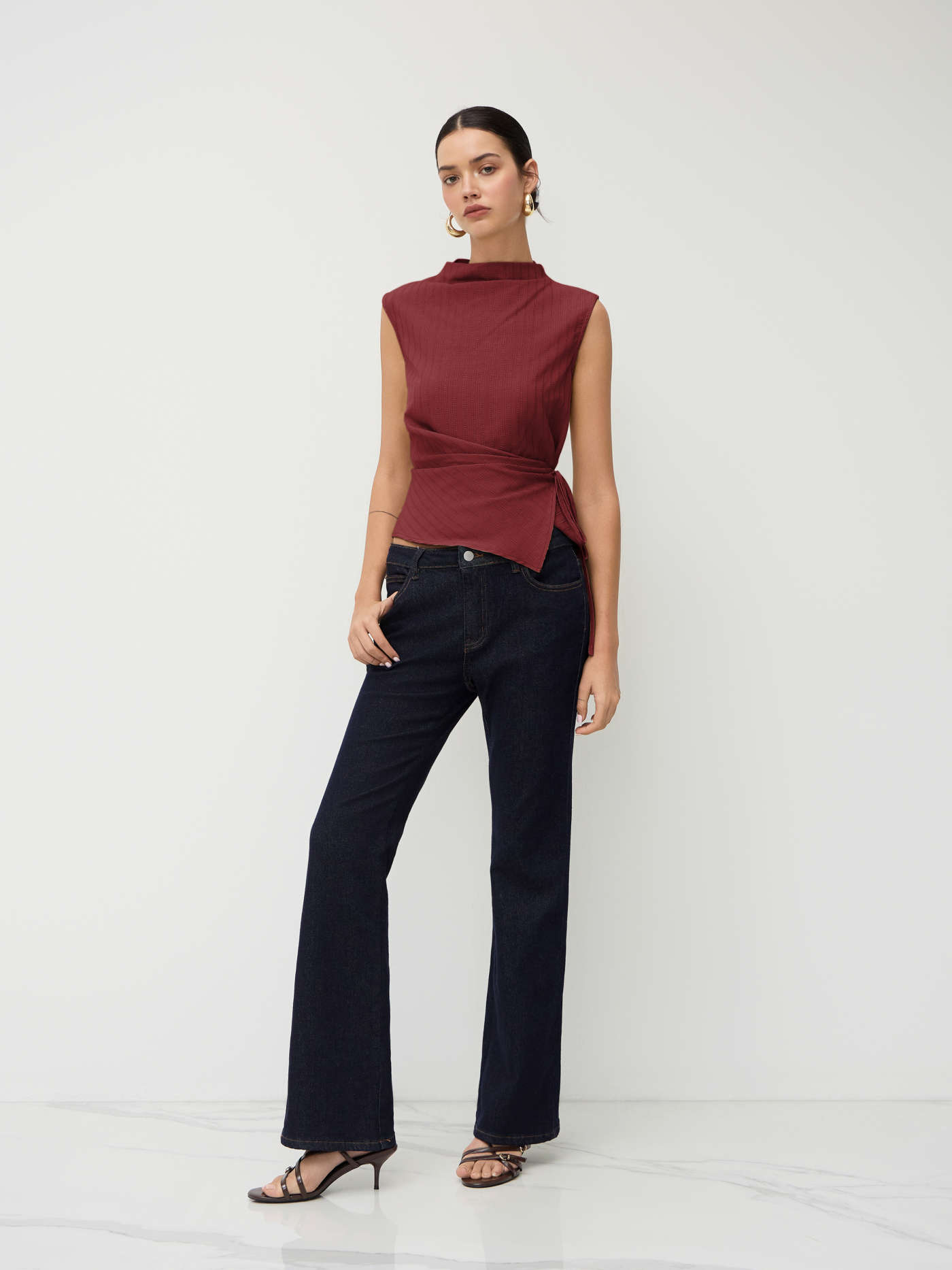 Woven Stand Collar Texture Ruched Knotted Tank Top For Work