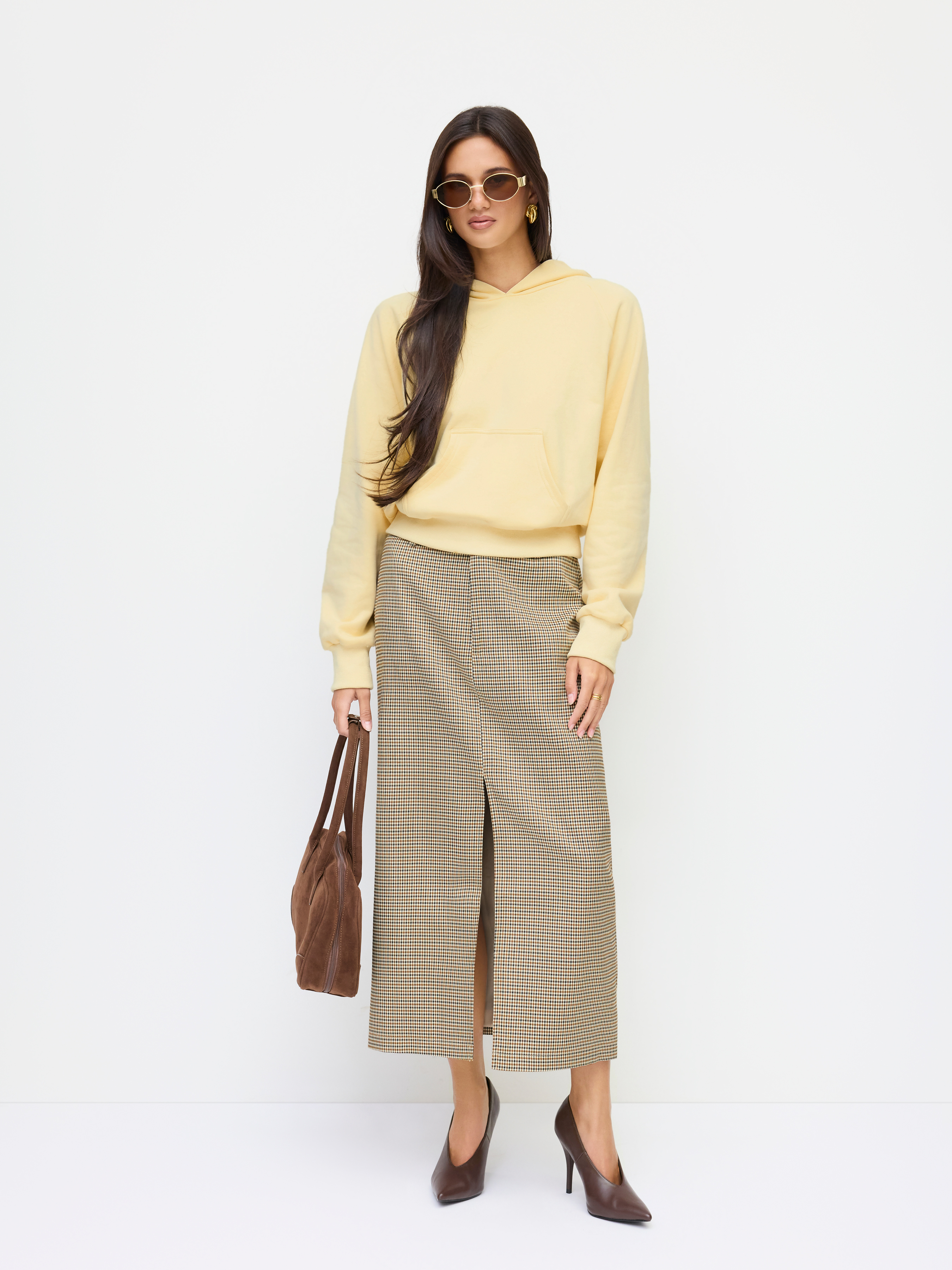 Houndstooth Mid Rise Split Maxi Skirt