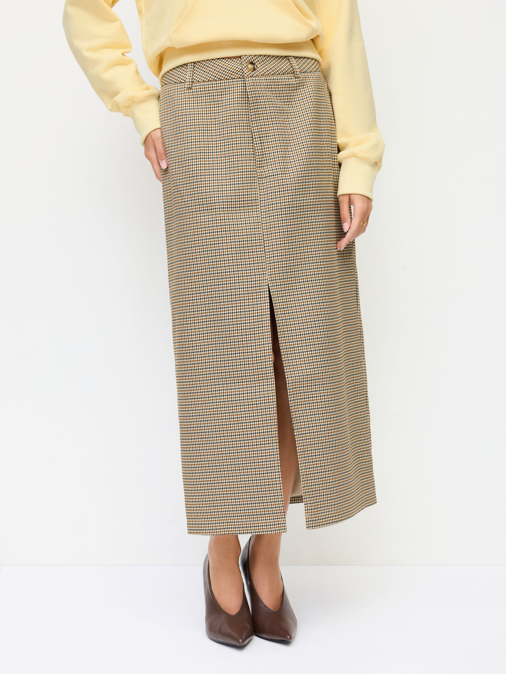 Houndstooth Mid Rise Split Maxi Skirt