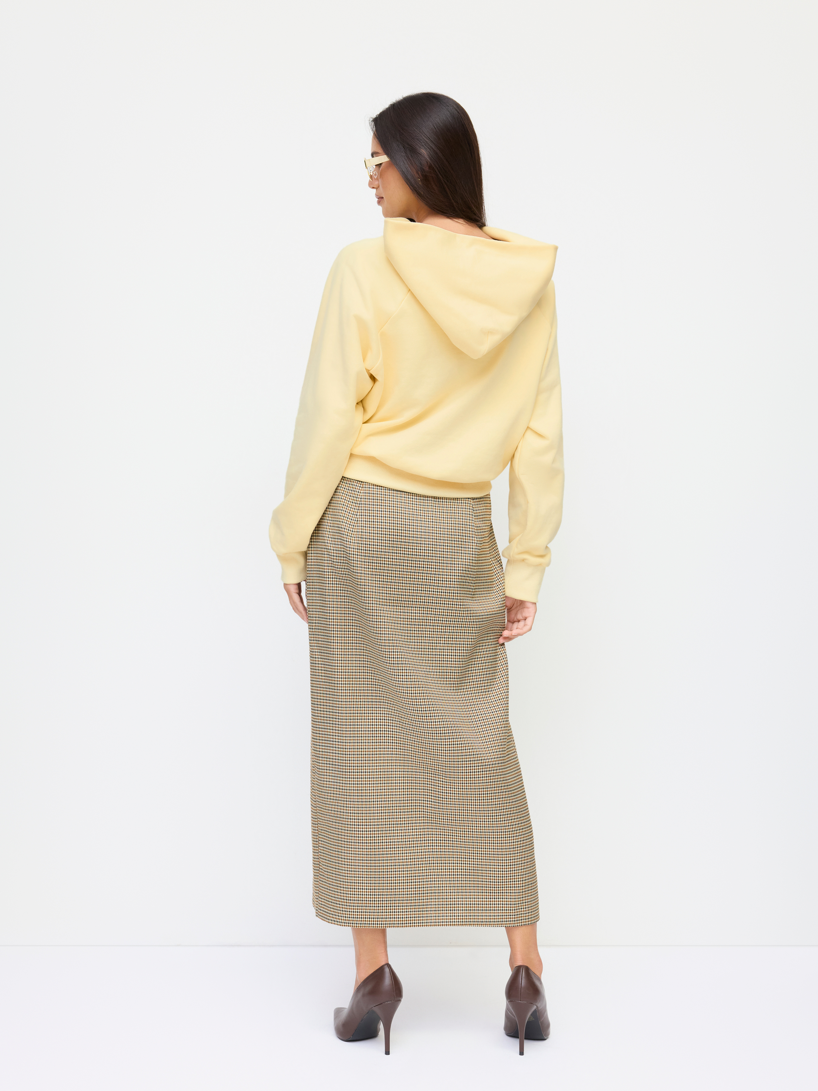 Houndstooth Mid Rise Split Maxi Skirt