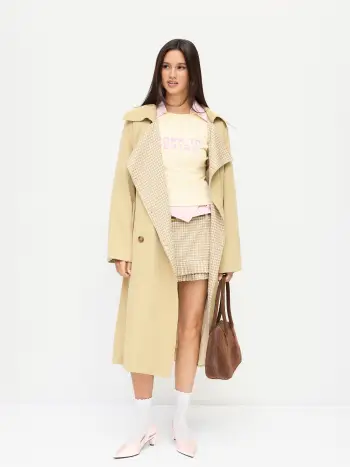 Trench coat doppiopetto a quadri con colletto in misto cotone
