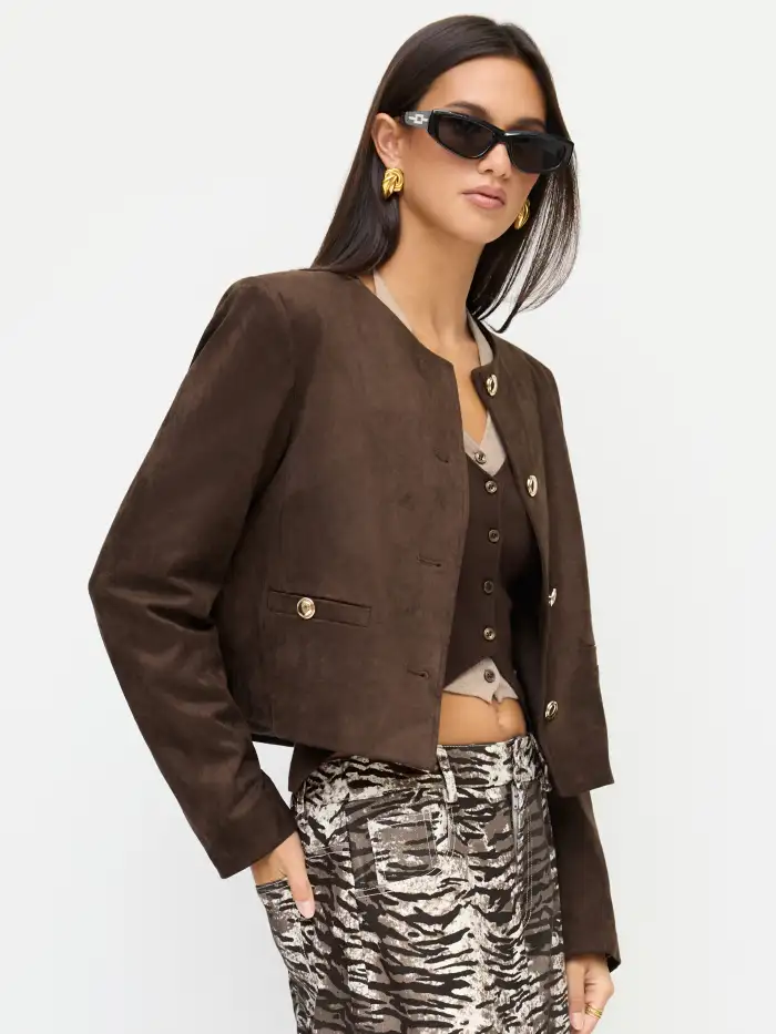 Suede Notched Collar Long Sleeve Oversized Blazer