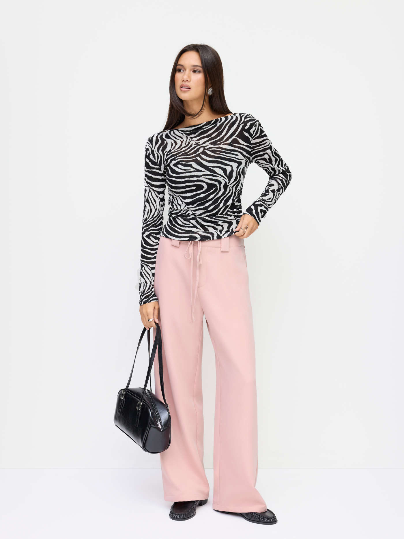 Two Piece Zebra Striped Asymmetrical Neck Long Sleeve Top With Cami Top