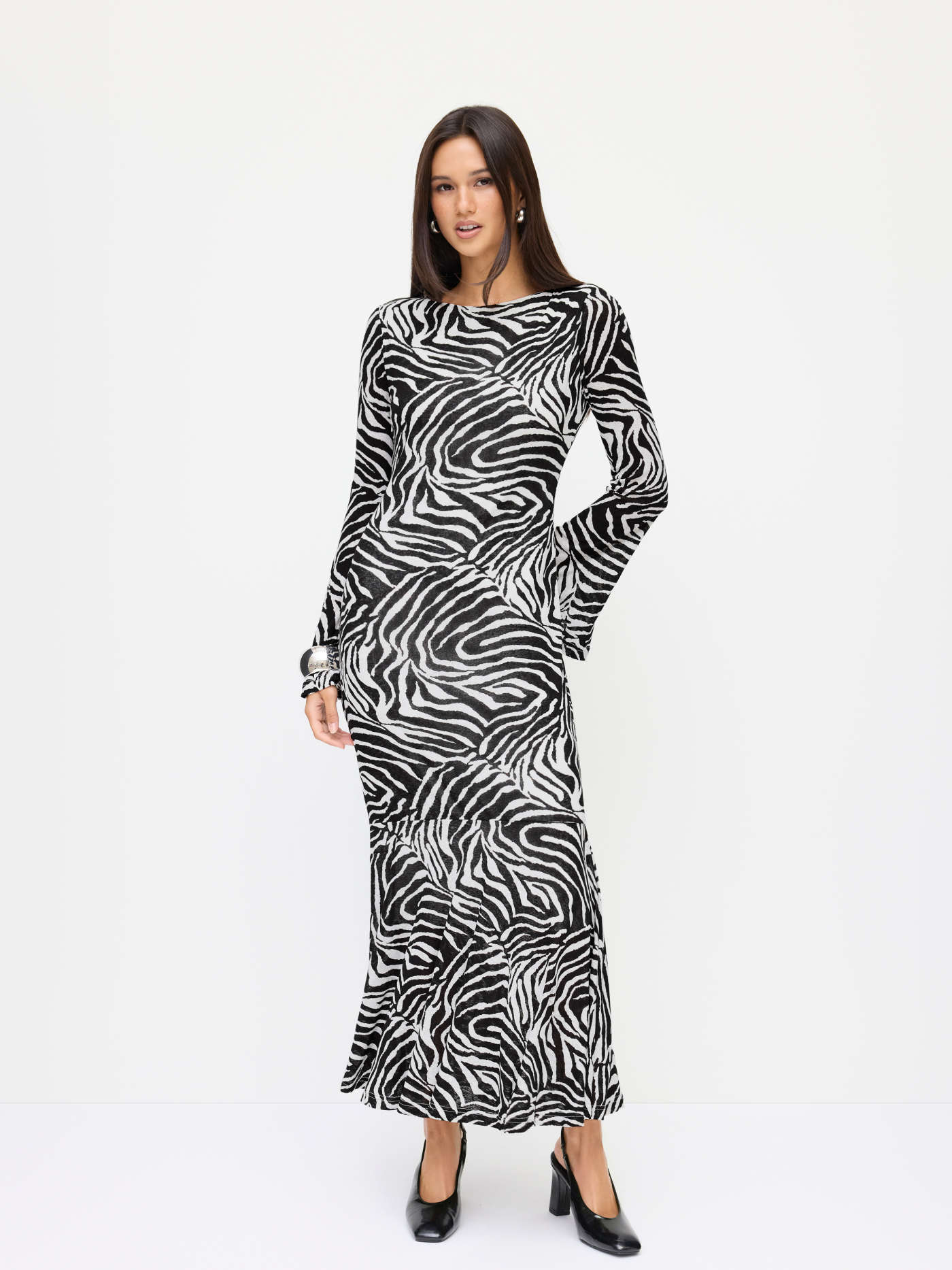 Zebra Striped Boat Neck Long Sleeve Ruffle Hem Maxi Dress