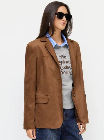 Blazer oversize in pelle scamosciata con colletto a revers e maniche lunghe