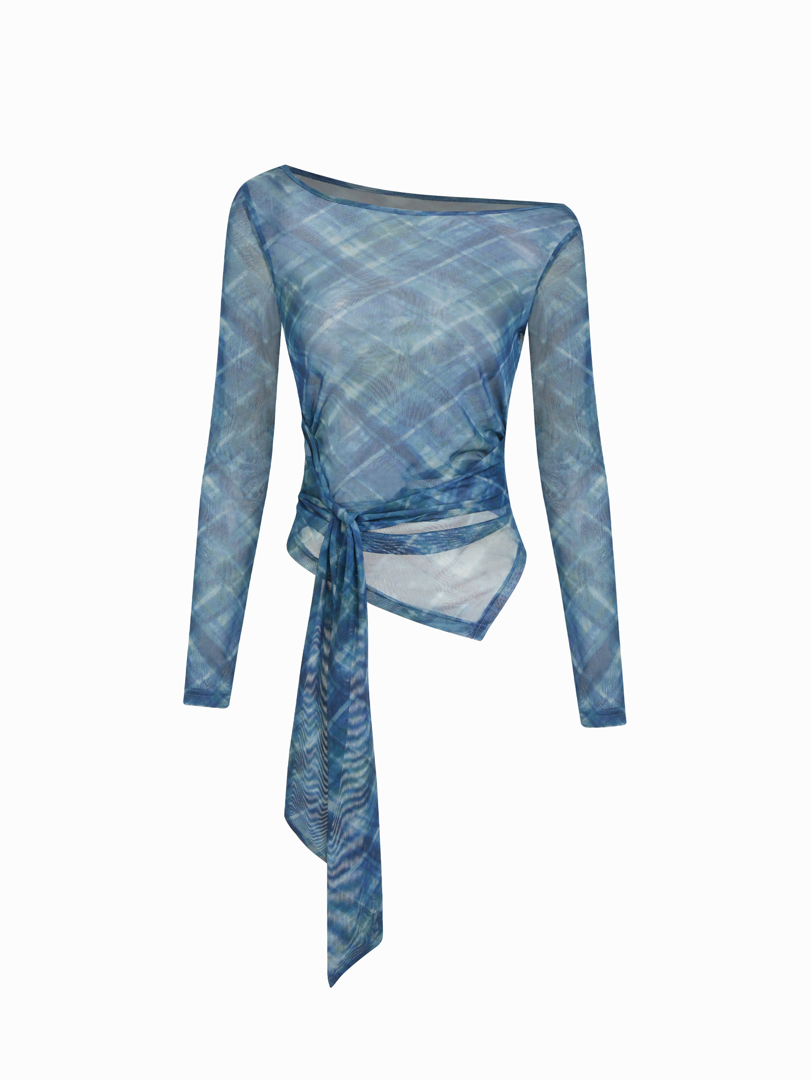 Mesh Two Way Mesh Asymmetrical Neck Plaid Knotted Long Sleeve Top For Décontracté quotidien