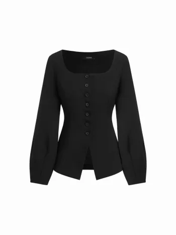 Blazer con scollo quadrato, maniche lunghe, spacco frontale e bottoni