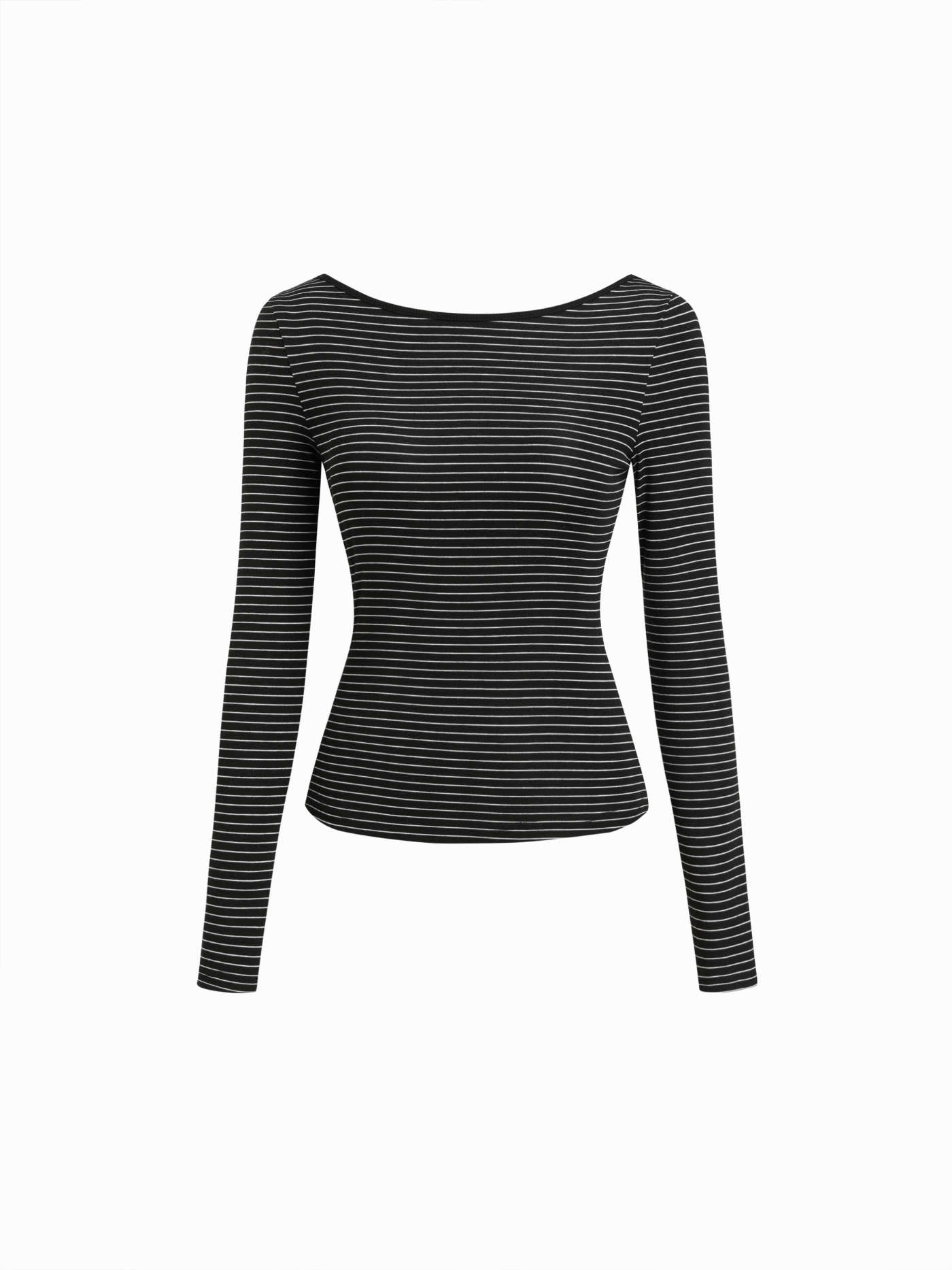 Jersey Striped Boat Neck Long Sleeve Backless Tee For Daily Casual