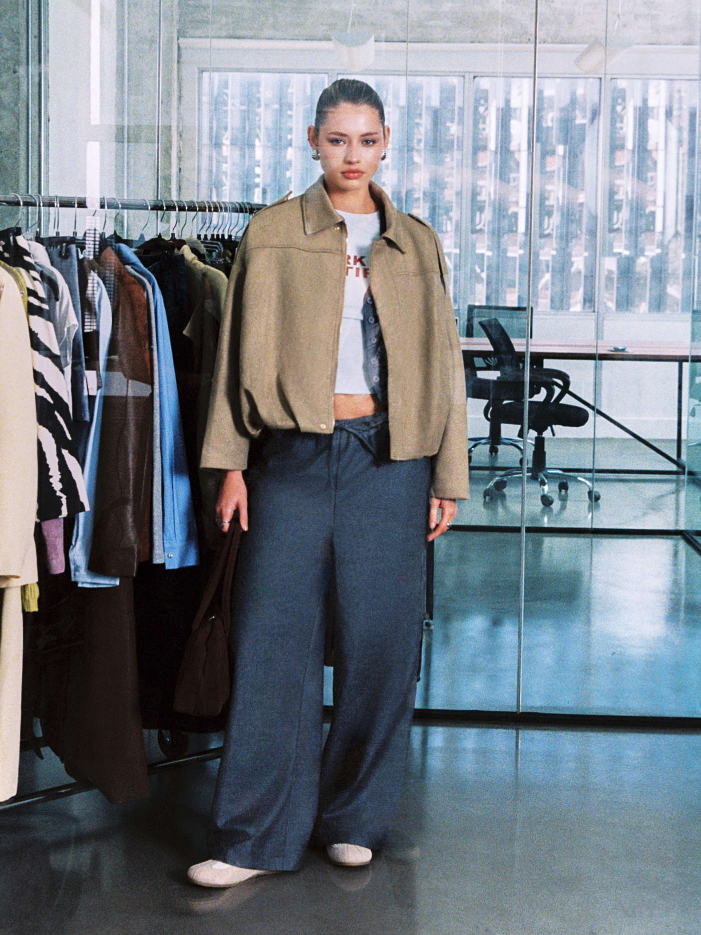 Suede Collar Long Sleeve Zip Through Oversized Jacket