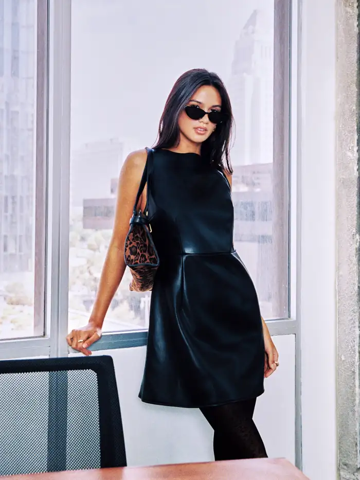 cider leather dress Buy Cider Faux Leather Round Neck Ruffle Maxi Dress (S) Online
