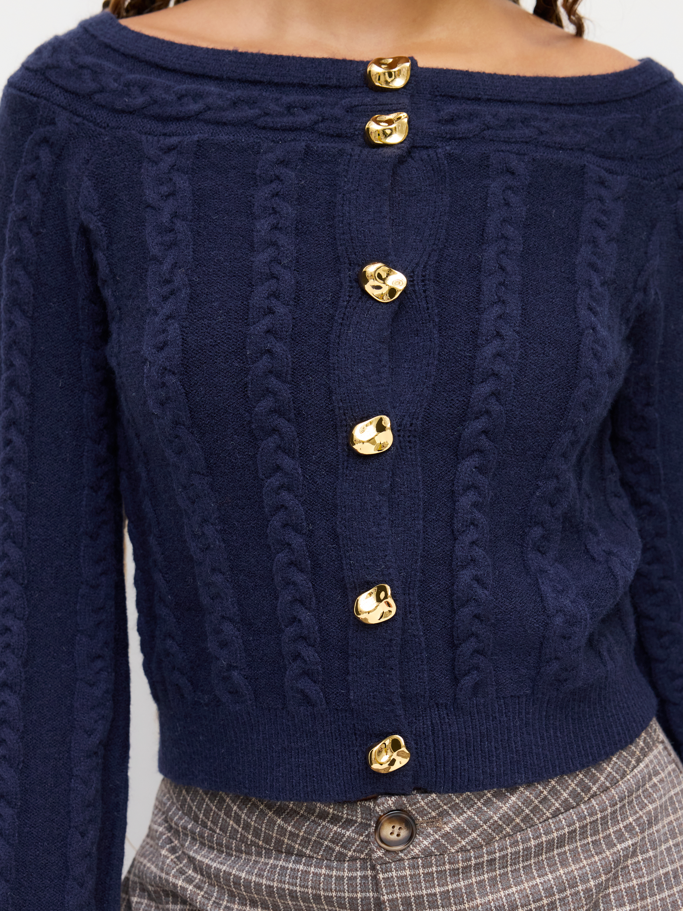 Multi-way Cable Knit Boat Neck Metal Detail Cardigan