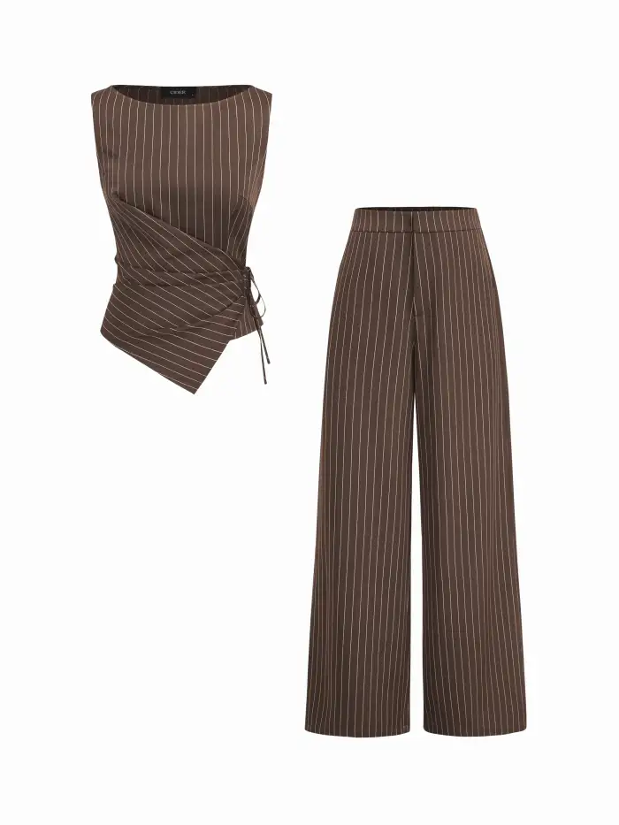 Texture Asymmetrical Neck Ruched Top & Mid Rise Elastic Waist Straight Leg Trousers Set