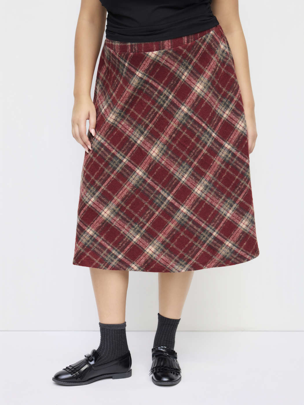 Woven Wool-look Mid Rise Tartan Ruffle Hem Maxi Skirt Curve Plus