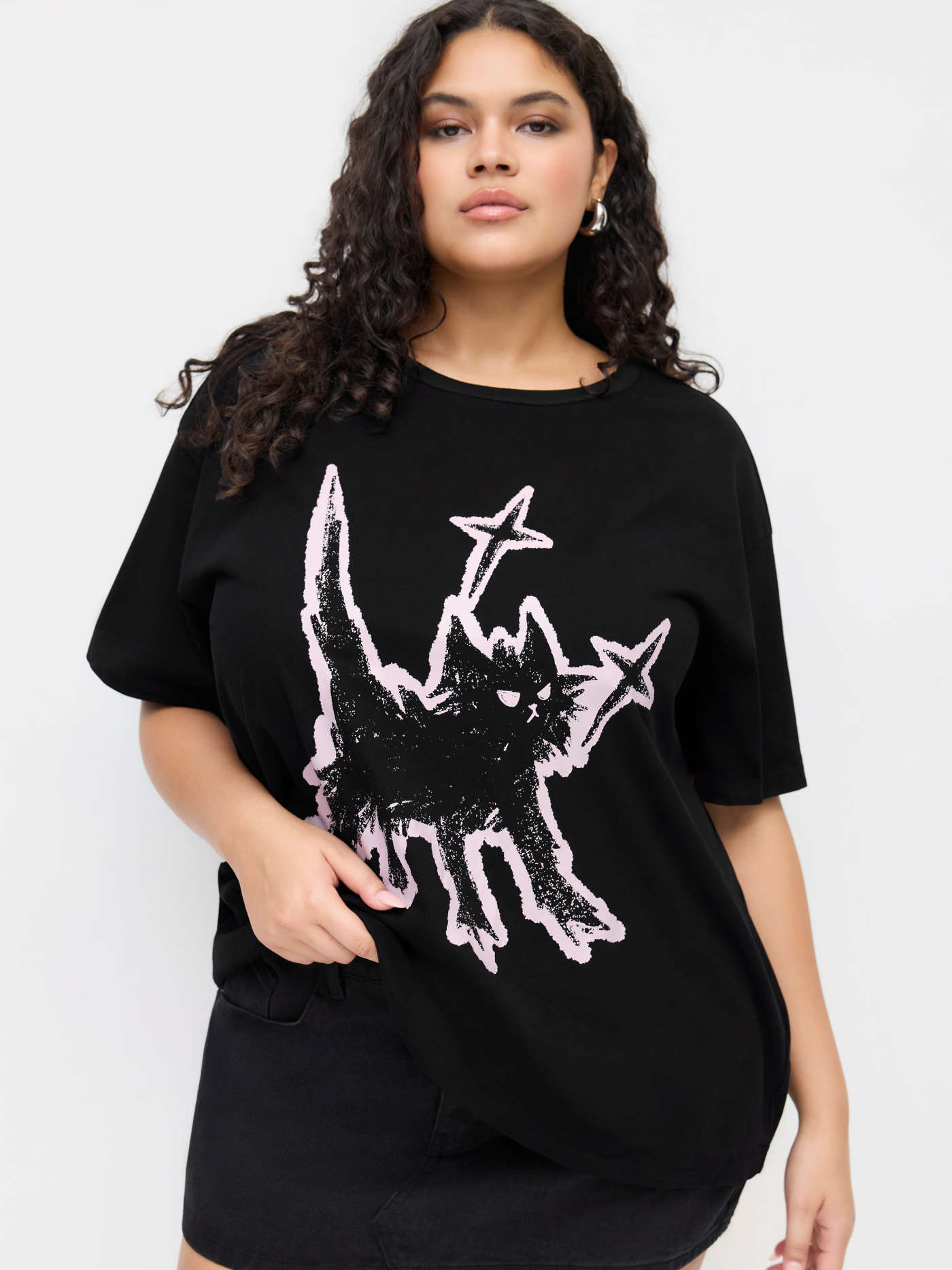 Knit Fabric Cotton-blend Round Neckline Cat Graphic Oversized Tee Curve & Plus For Daily Casual