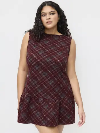 Vestito corto a quadri con orlo arricciato e scollo a barchetta in lana sintetica Curve & Plus
