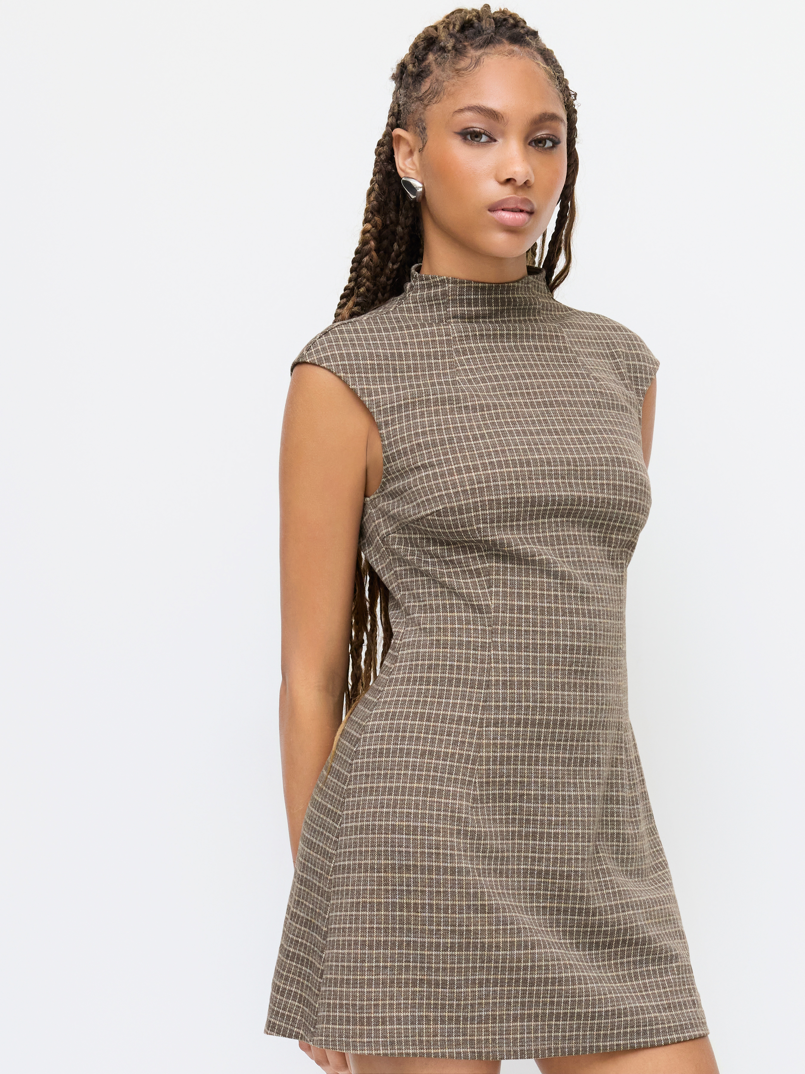 Stand Collar Check Mini Shift Dress