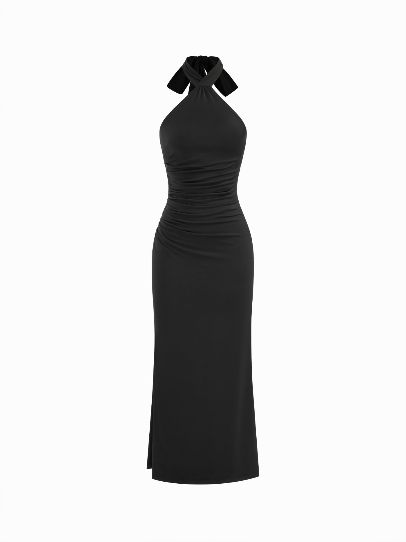 Halter Neckline Solid Metal Detail Ruched Tie Back Maxi Dress