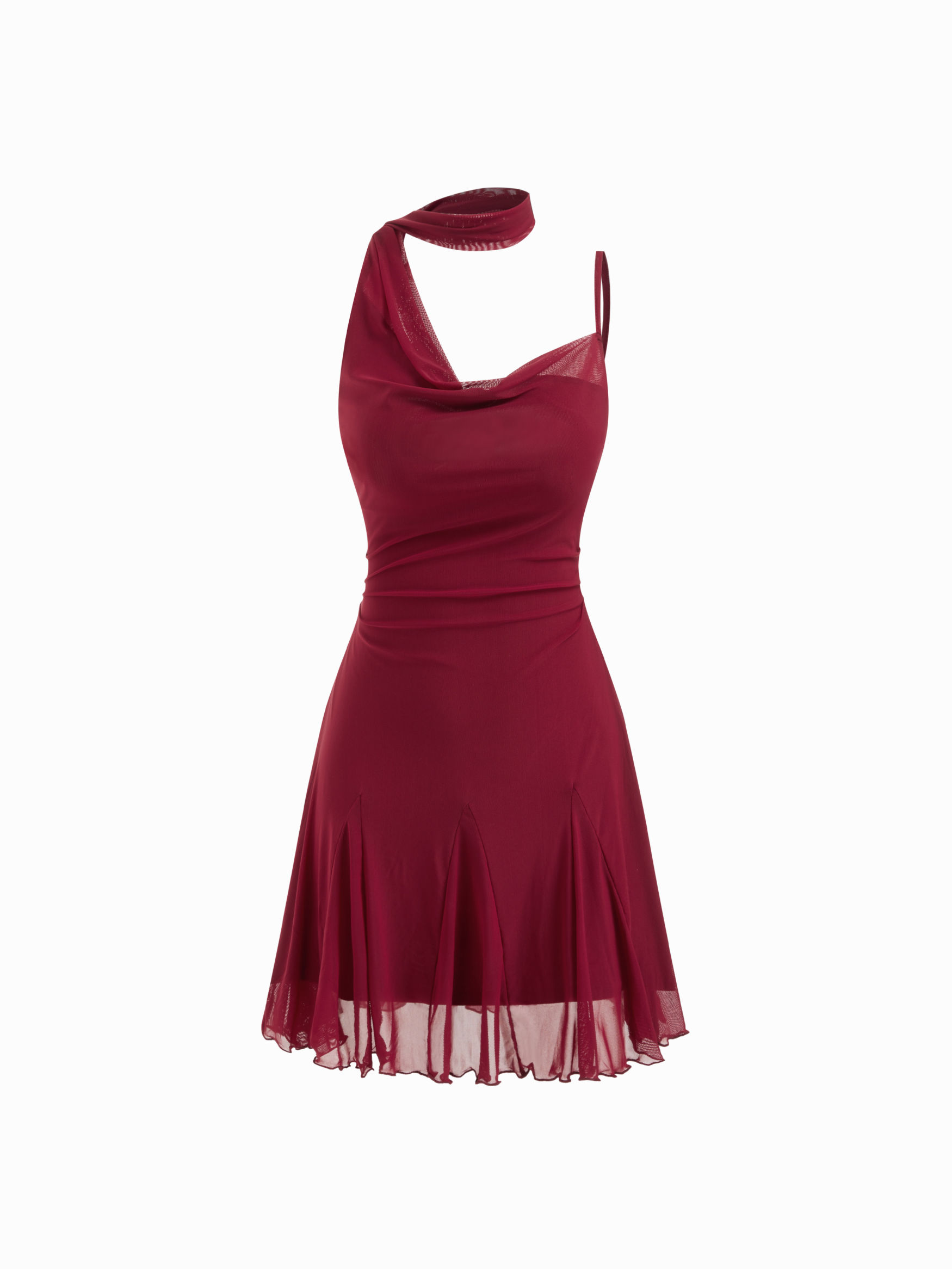 Mesh Halter Neckline Ruched Ruffle Hem Mini Dress With Scarf