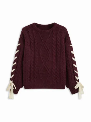 Kabelstrick-Sweater mit Schnürung und Knoten, Oversize, Kurve & Plus