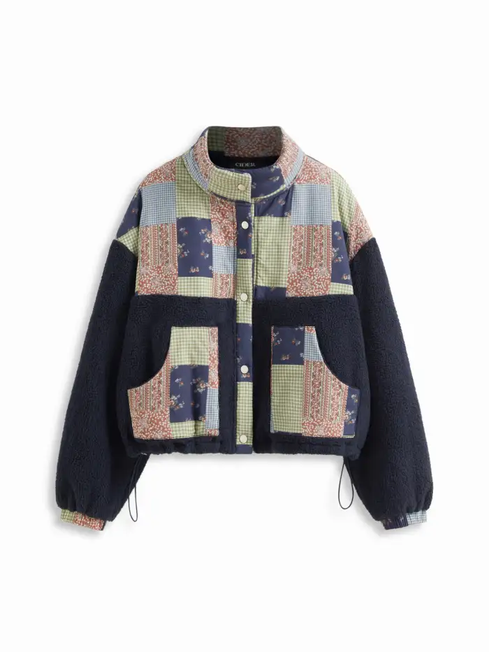 Fleece Stand Collar Floral Colorblock Drawstring Jacket