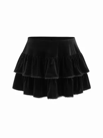 Velvet Mid Rise Lace Ruffle Layered Micro Mini Skirt Curve & Plus