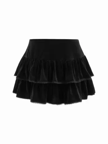 Velvet Mid Rise Lace Ruffle Layered Micro Mini Skirt Curve & Plus