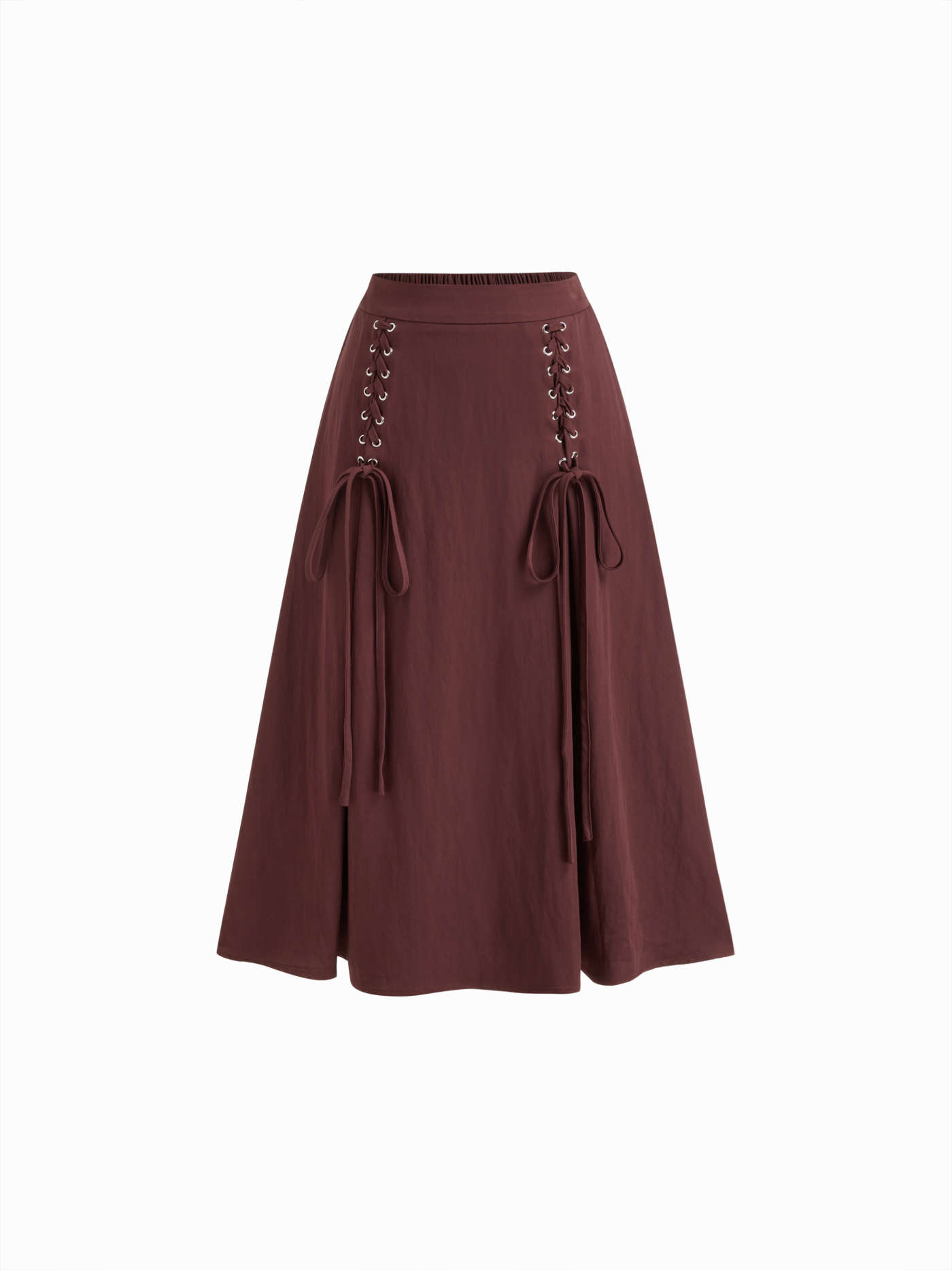 Mid Rise Lace Up Elastic Waist A-line Midi Skirt