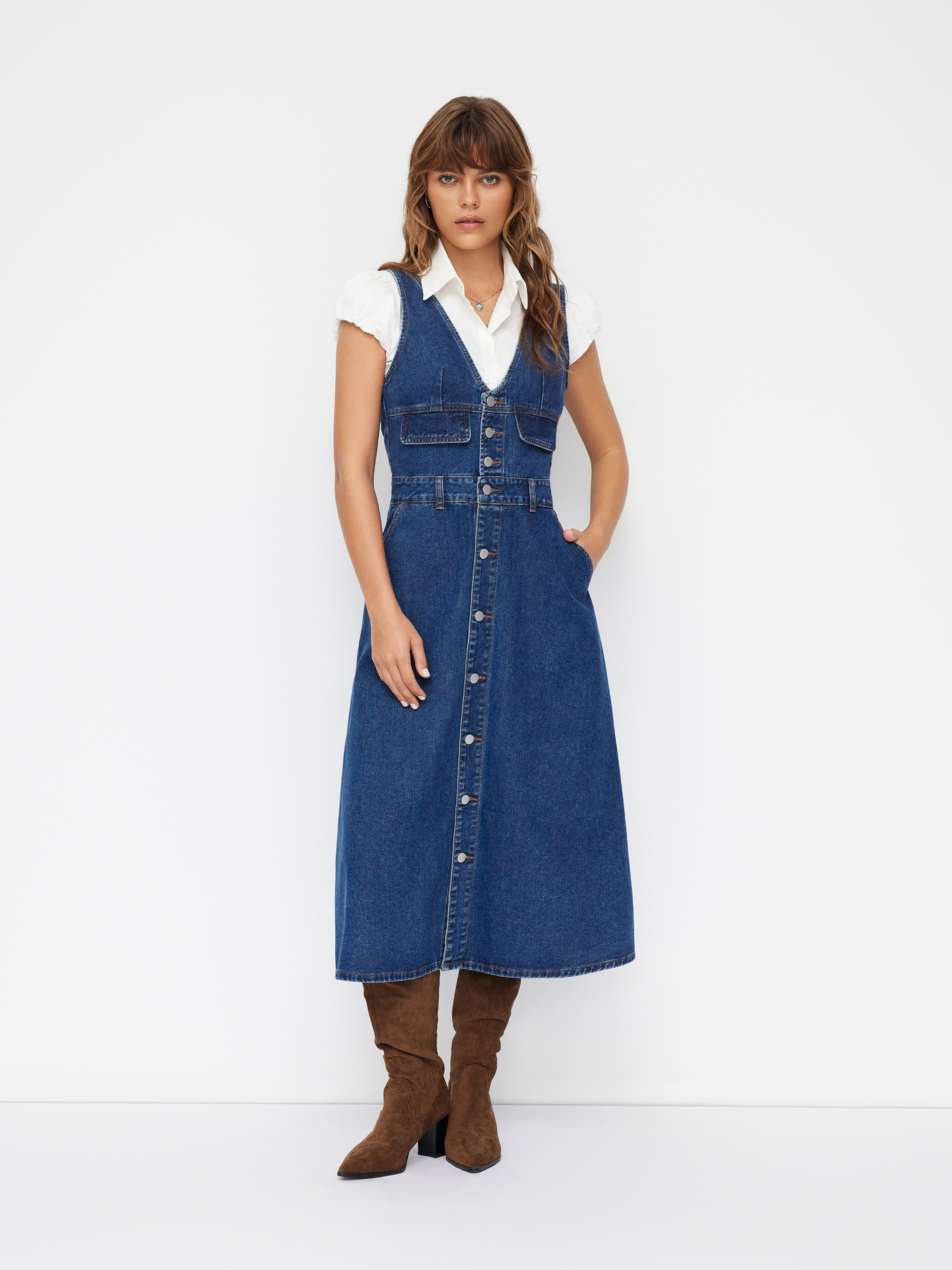 Cider Denim V-neck Button Maxi Dress