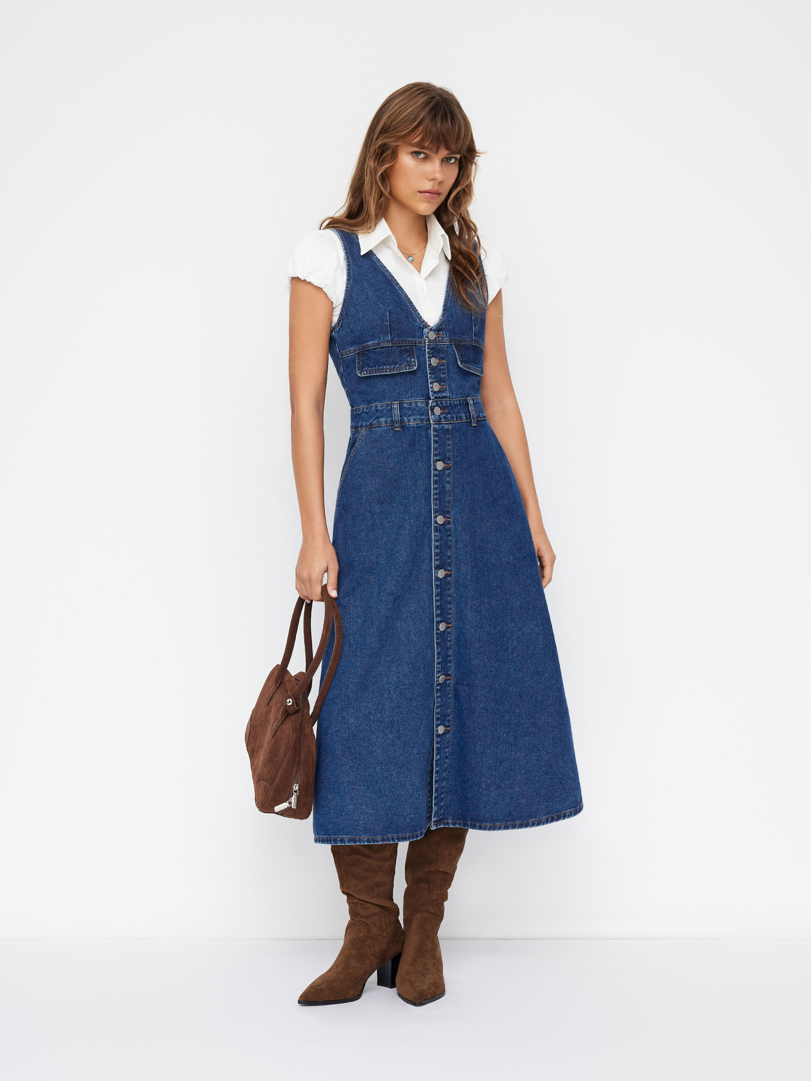 Cider Denim V-neck Button Maxi Dress