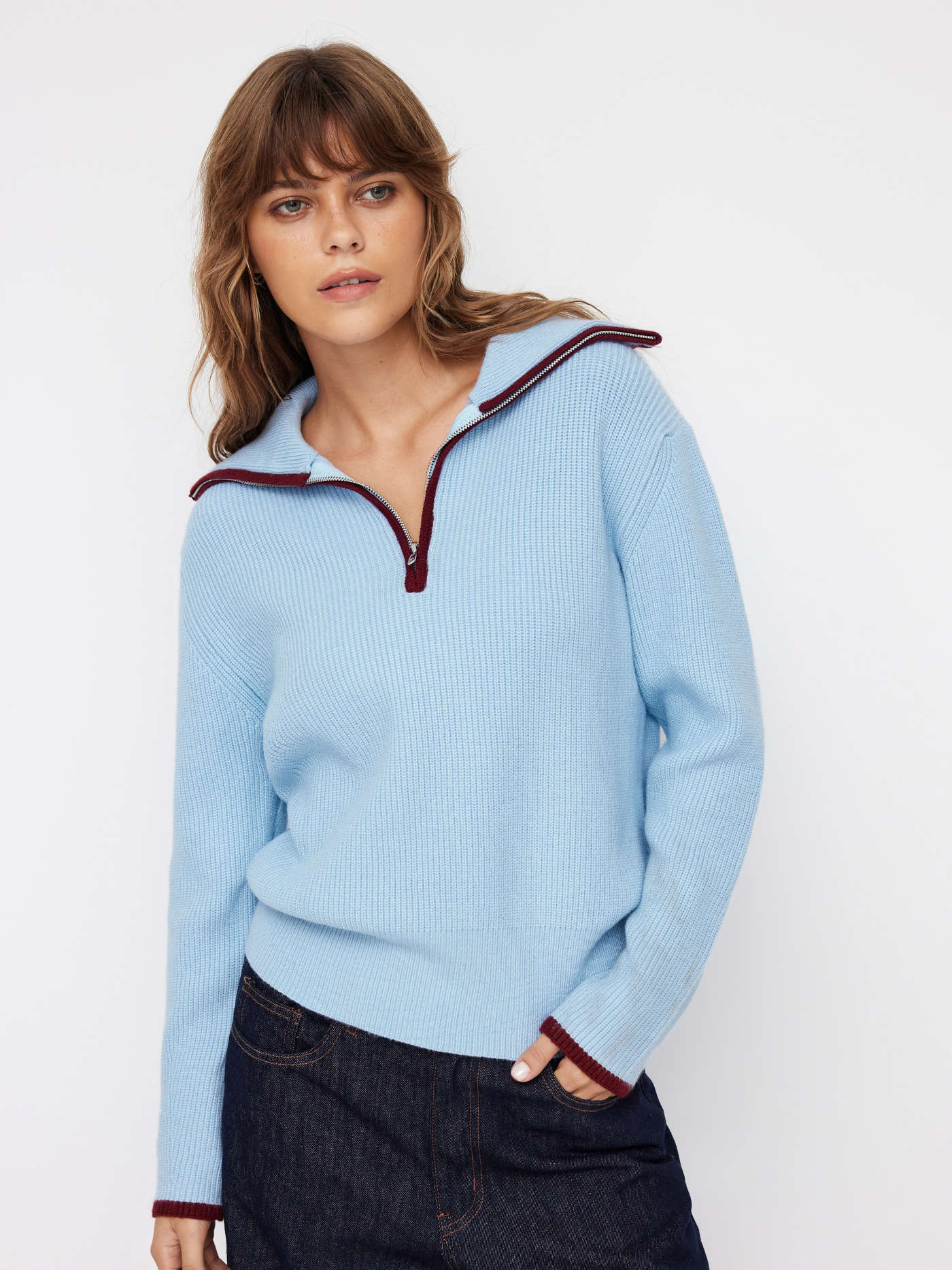 Collar Contrasting Binding Half Zip Long Sleeve Top