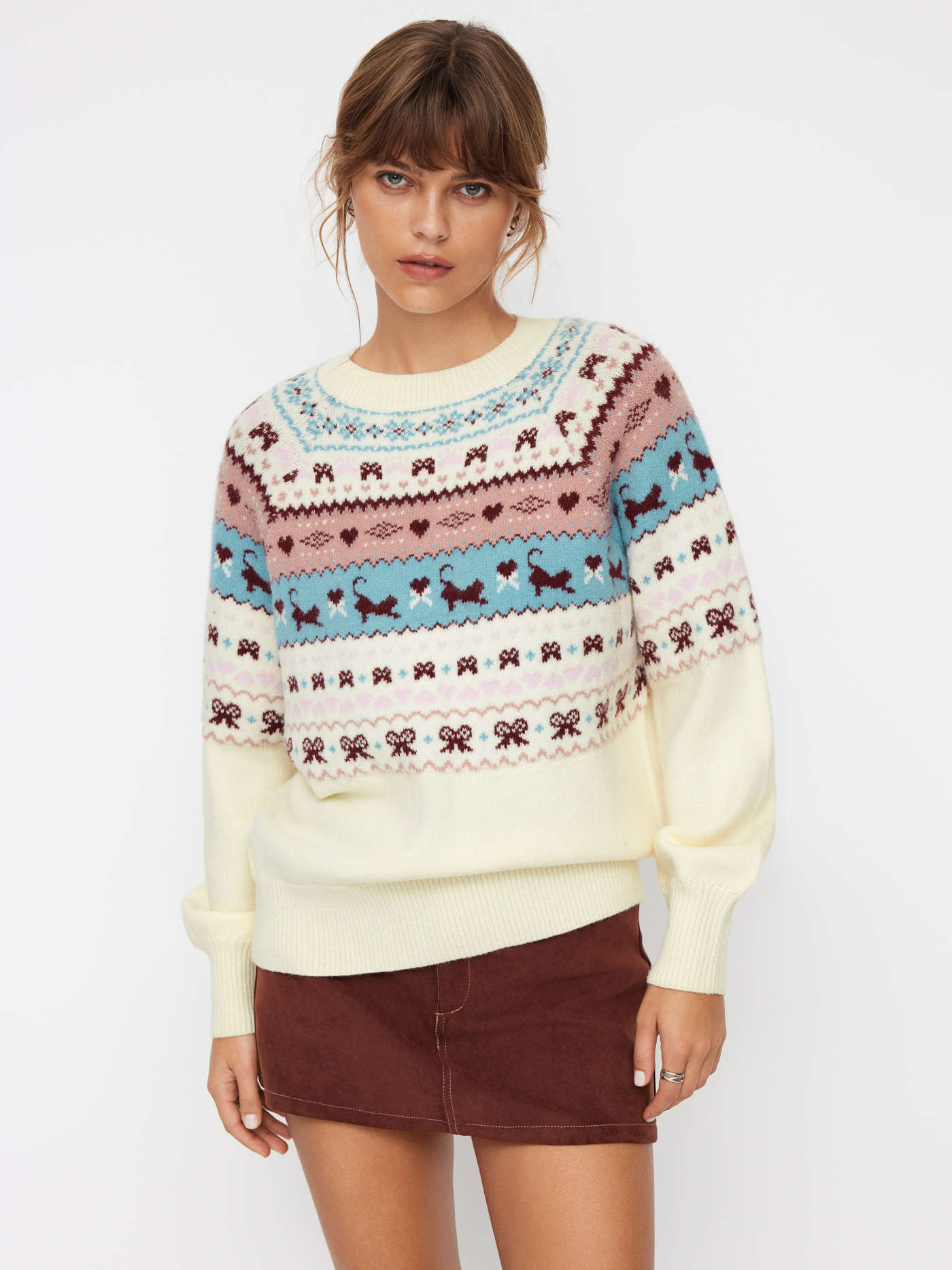 Knit Round Neckline Aztec Oversized Long Sleeve Top