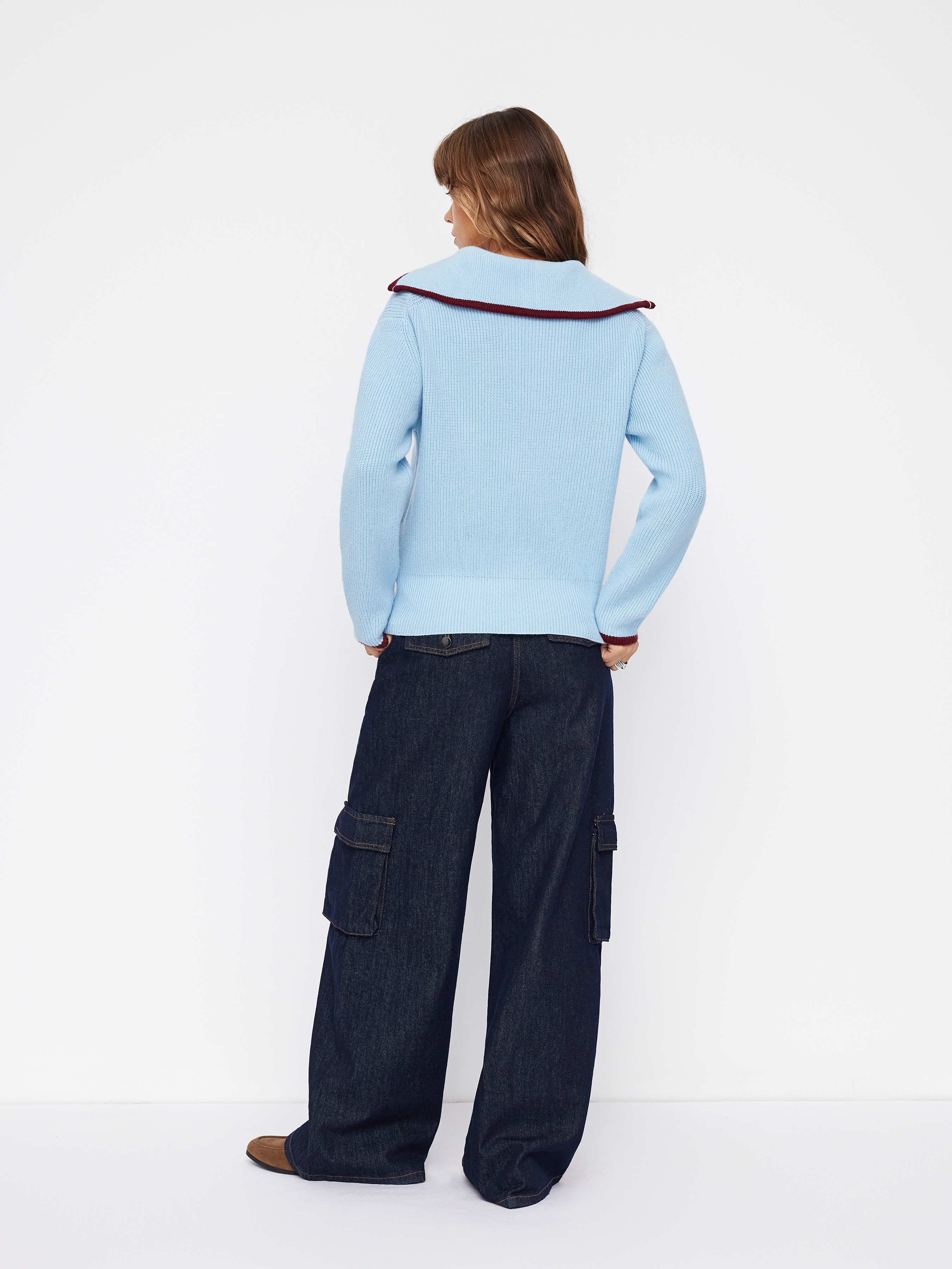 Knit Fabric Collar Contrasting Binding Half Zip Long Sleeve Top For Daily Casual