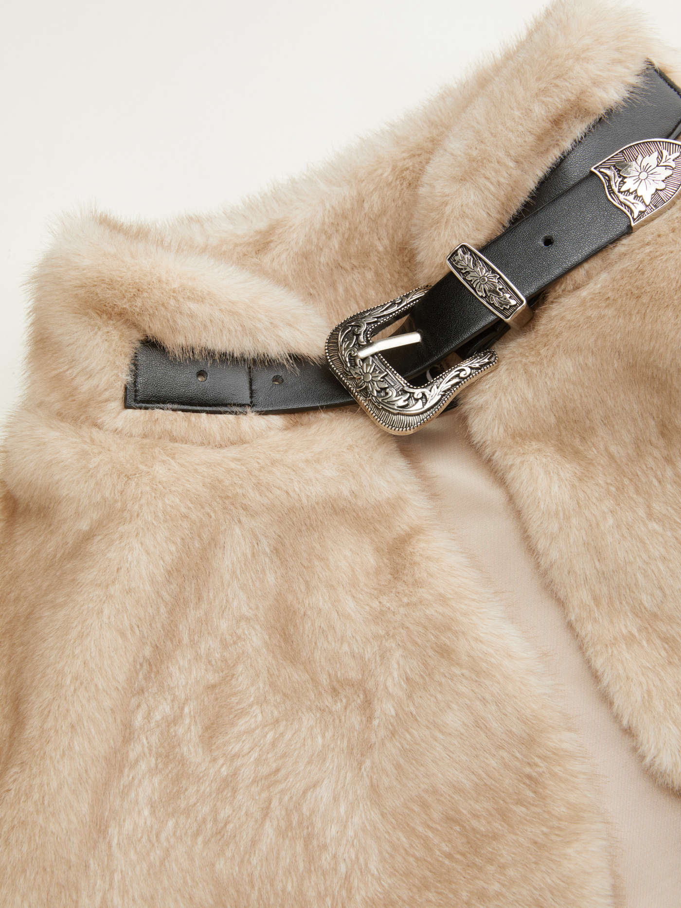 Faux Fur High Neck Belted Crop Jacket