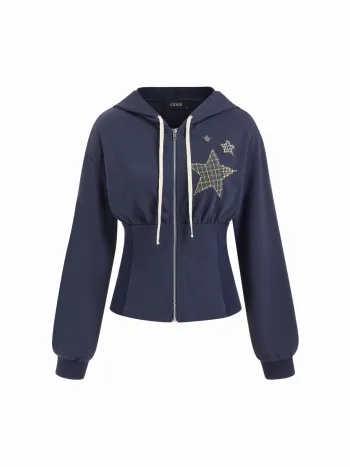 Felpa con cappuccio in misto cotone a quadri con applicazioni a forma di stella e zip con coulisse in vita